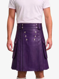 A person wearing a purple faux-leather kilt with silver-tone decorative buttons and side flap pockets, paired with a white t-shirt against a plain light background.