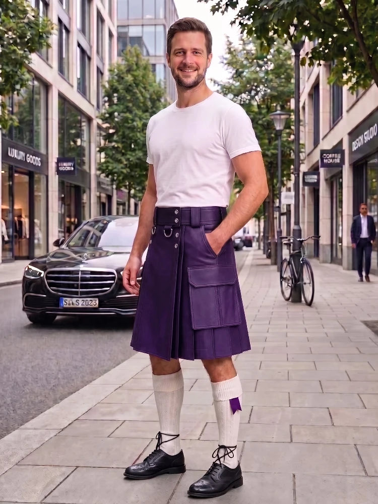 A man stands on a city sidewalk wearing a white crew-neck t-shirt and a purple leather kilt with multiple front flap pockets, paired with white knee-high socks and black leather lace-up shoes.
