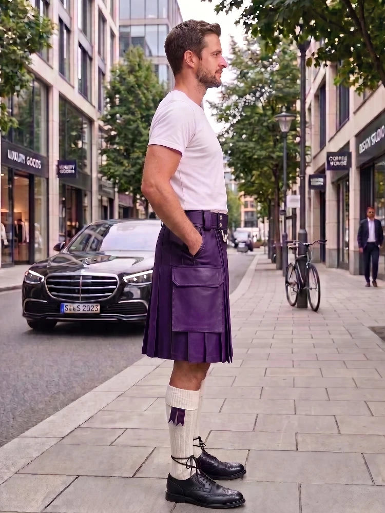 A man standing on a city sidewalk wearing a dark green pleated kilt, a white t-shirt, white socks, and black leather shoes. A black Mercedes-Benz car is parked on the street behind him, with trees and storefronts in the background.