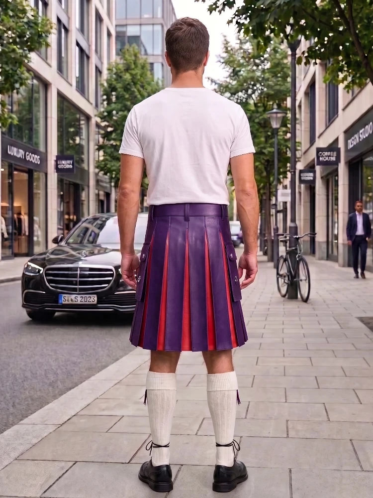 Purple With Red Cowhide Leather Hybrid Utility Kilt