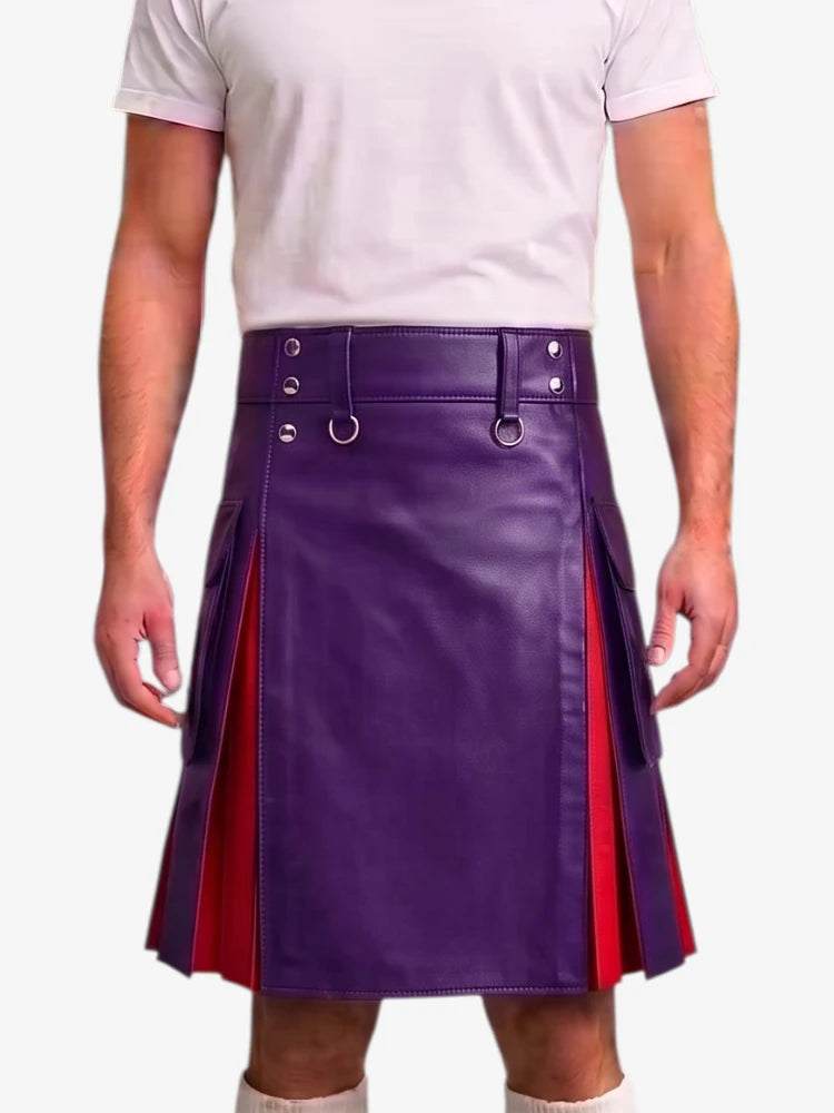 A person wearing a purple faux-leather kilt with red side panels and silver metal hardware, paired with a white t-shirt against a light gray background.