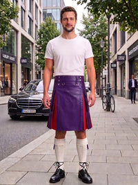A man stands on a city sidewalk wearing a white crew-neck t-shirt and a purple leather kilt with red side panels, paired with white knee-high socks and black leather shoes. A Mercedes-Benz car and urban buildings are visible in the background.