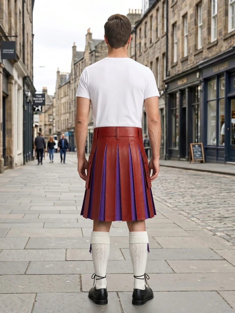 Red Leather Kilt With Purple Pleats