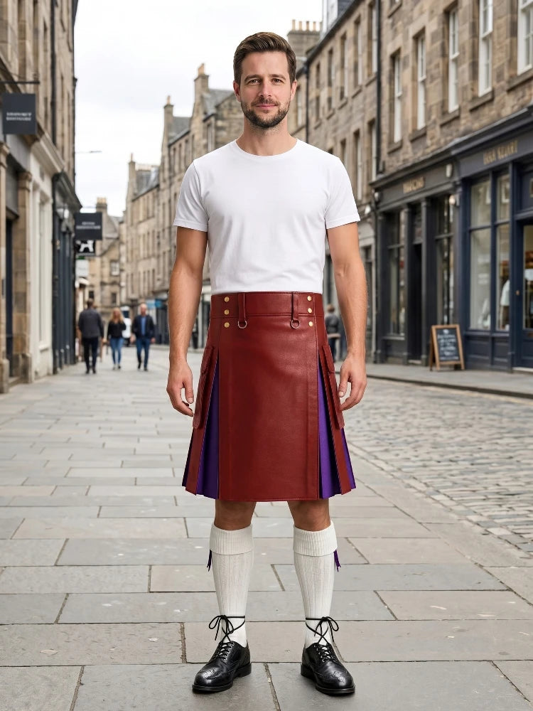 Red Leather Kilt With Purple Pleats