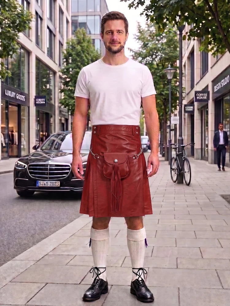 A man stands on a city sidewalk wearing a brown leather kilt with a front pouch, paired with a white t-shirt, white knee-high socks, and black shoes. The background shows a street scene with a black Mercedes-Benz car, storefronts, and trees.