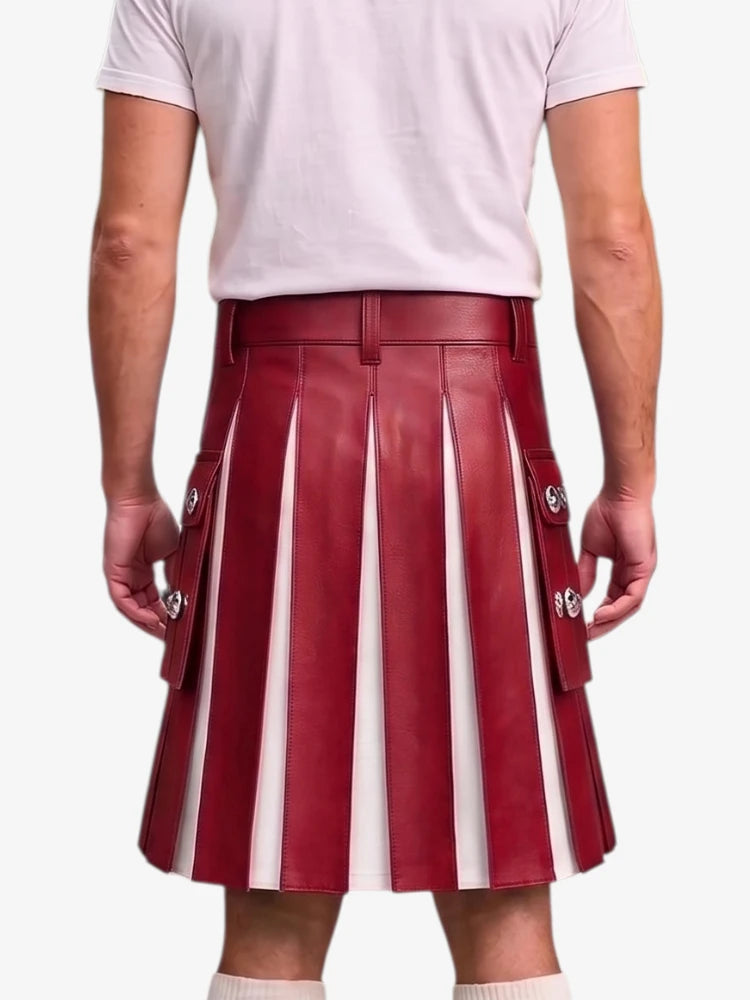 A person shown from the back wearing a pleated red leather kilt with vertical white stripes and silver-tone decorative hardware, paired with a light gray T-shirt against a plain light background.