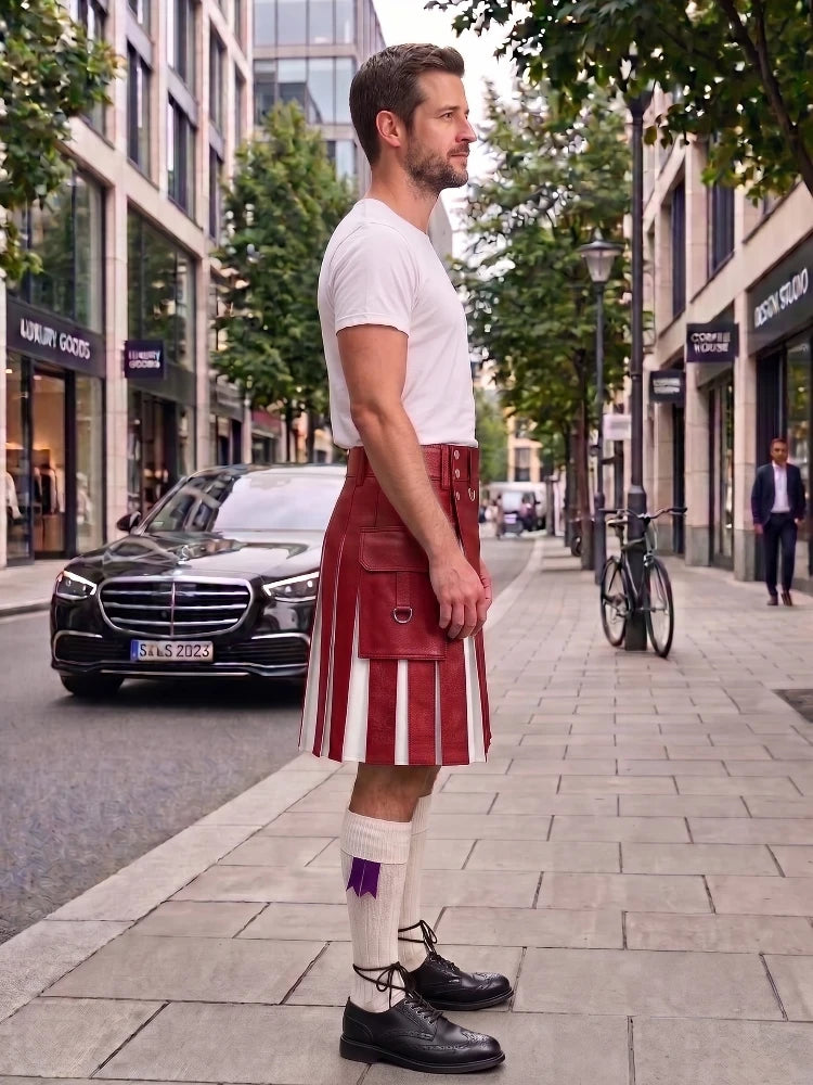 Red With White Cowhide Leather Hybrid Utility Kilt