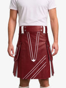 A maroon faux-leather kilt with white geometric stripe details, worn by a model in a white t-shirt against a light gray background.