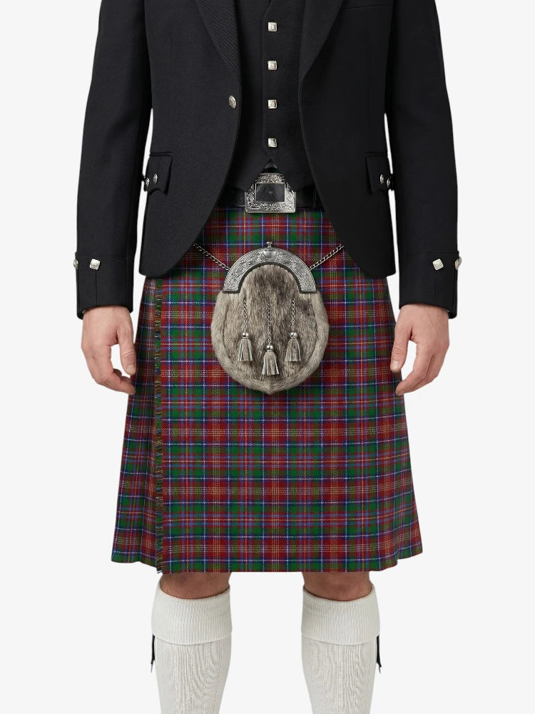 Person wearing a traditional Scottish kilt with a tartan pattern on a white background