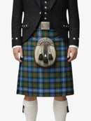 Person wearing a traditional Scottish kilt with a tartan pattern on a white background