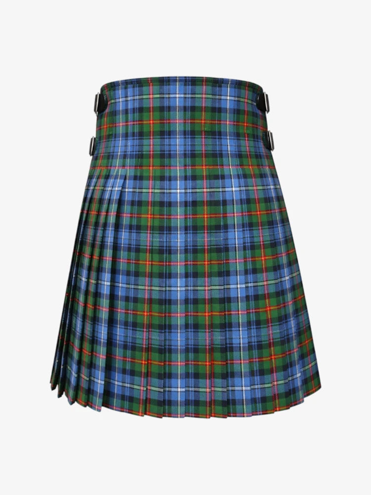 Blue and green plaid kilt on a white background