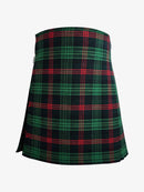Plaid kilt with green, red, and black pattern on a white background
