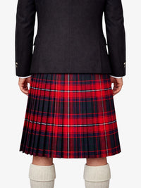 Person wearing a black jacket and red plaid kilt on a white background
