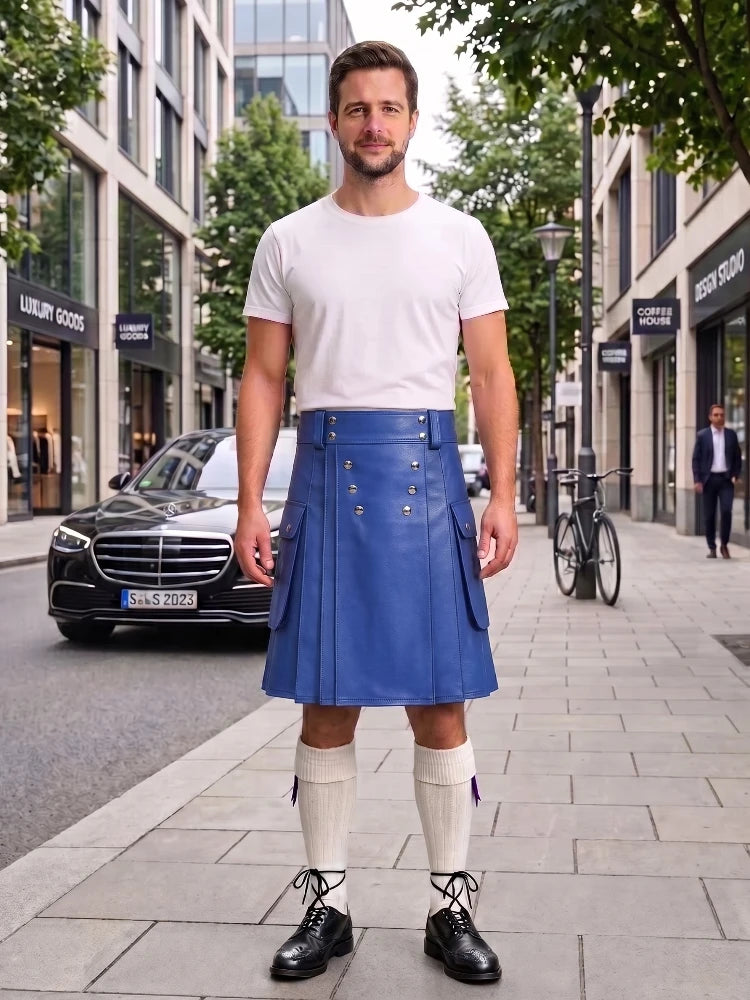 Royal Blue Cow Leather Utility Kilts for Men