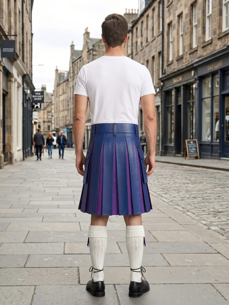 Royal Blue Leather Kilt With Purple Pleats