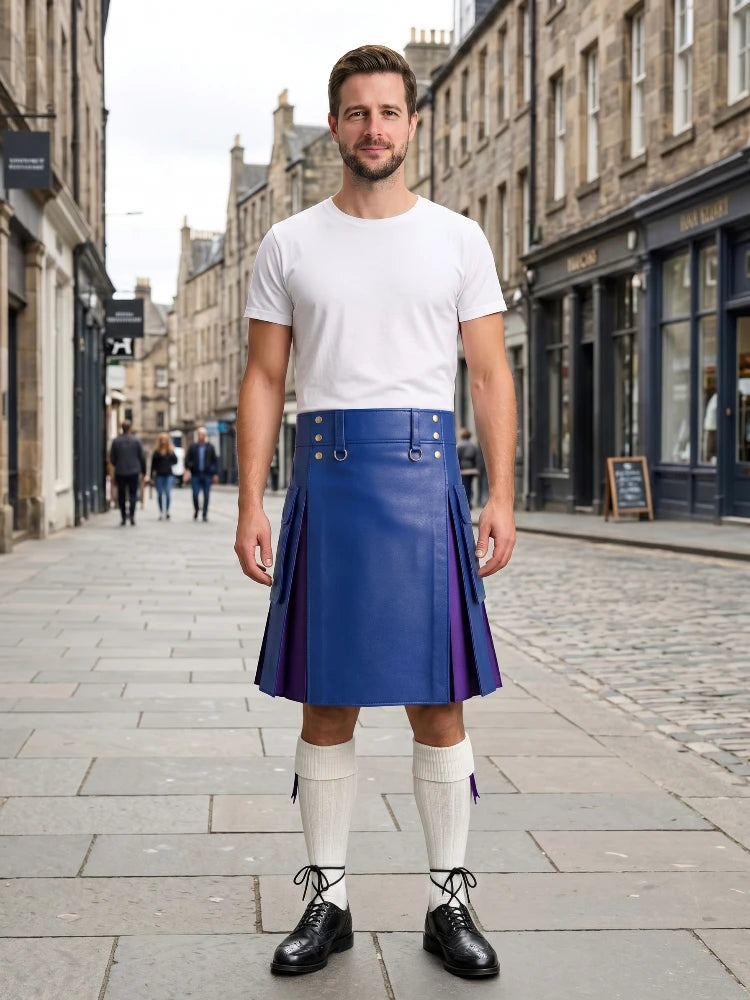 Royal Blue Leather Kilt With Purple Pleats