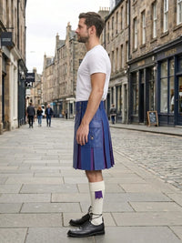 Royal Blue Leather Kilt With Purple Pleats Left Side