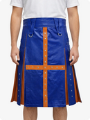 Royal Blue kilt with Brown accents worn by a person on a white background