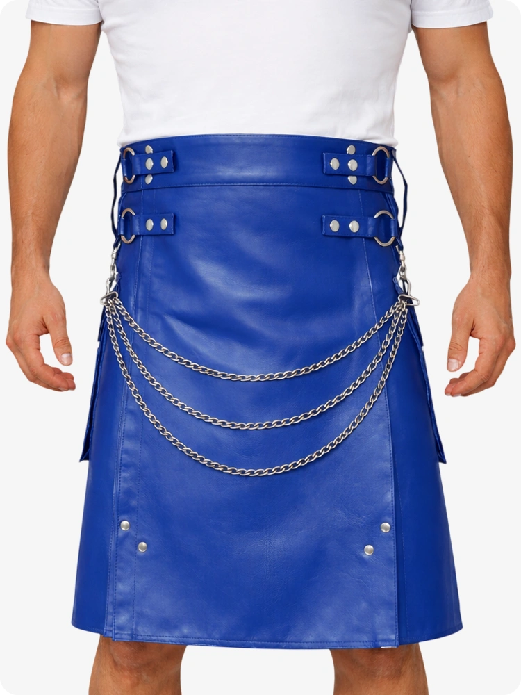 Royal Blue Leather Utility Kilt with Chain Detailing & Adjustable Straps