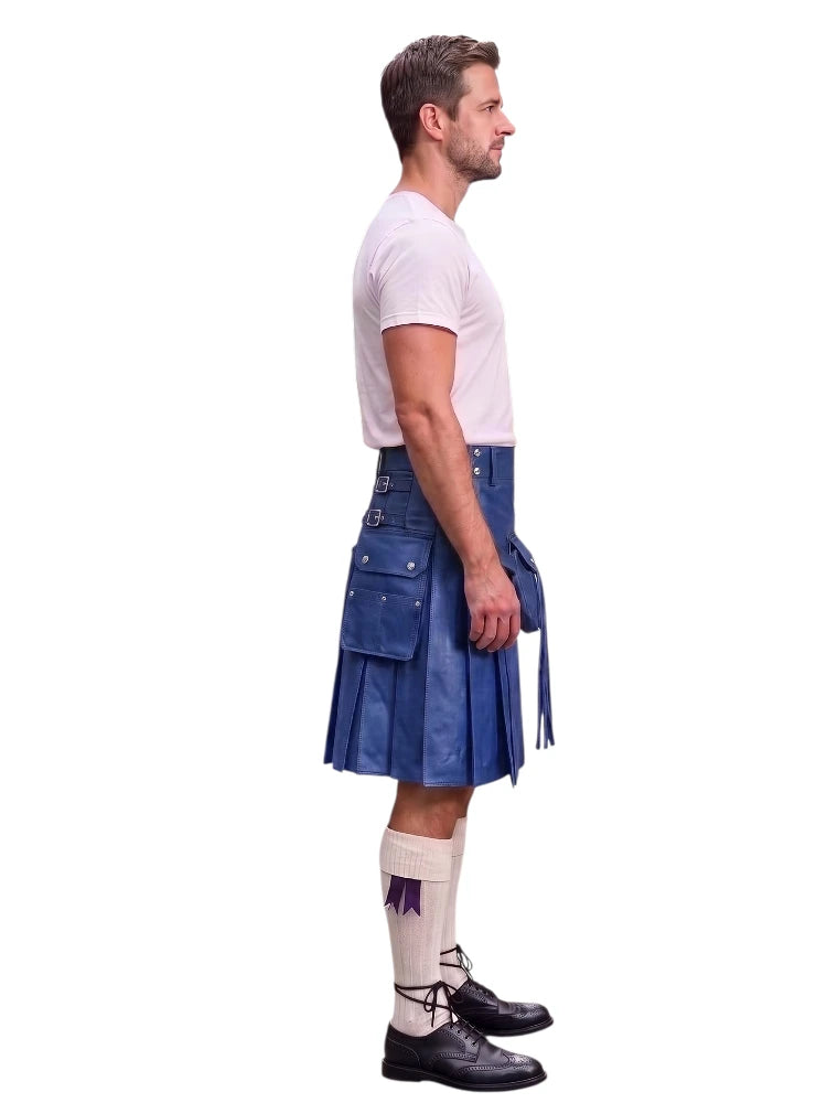 A man shown in profile wearing a blue leather kilt, a white t-shirt, white knee-high socks, and black leather shoes, against a plain white background.