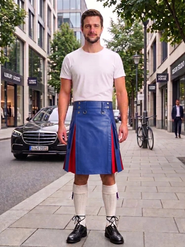 Royal Blue With Red Cowhide Leather Hybrid Utility Kilt