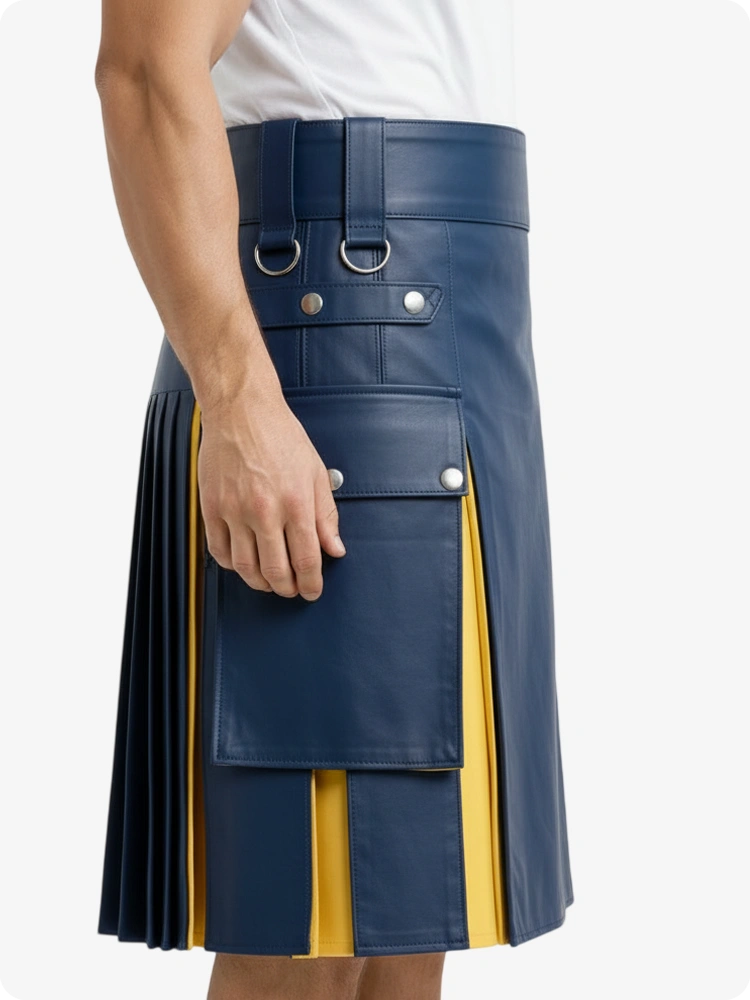 Royal Blue & Yellow Leather Utility Kilt with Cargo Pockets