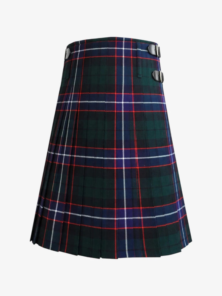 Plaid kilt with green, red, and white pattern on a white background