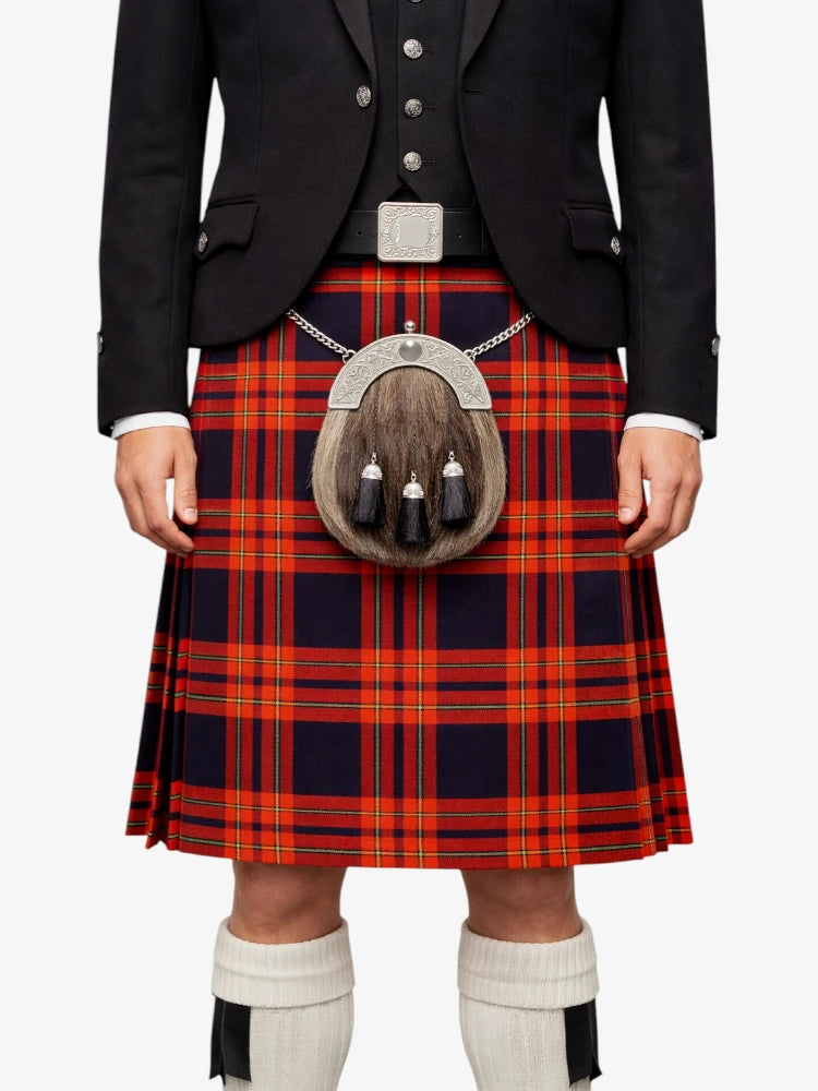 Person wearing a black jacket, red plaid kilt, and white knee-high socks on a white background