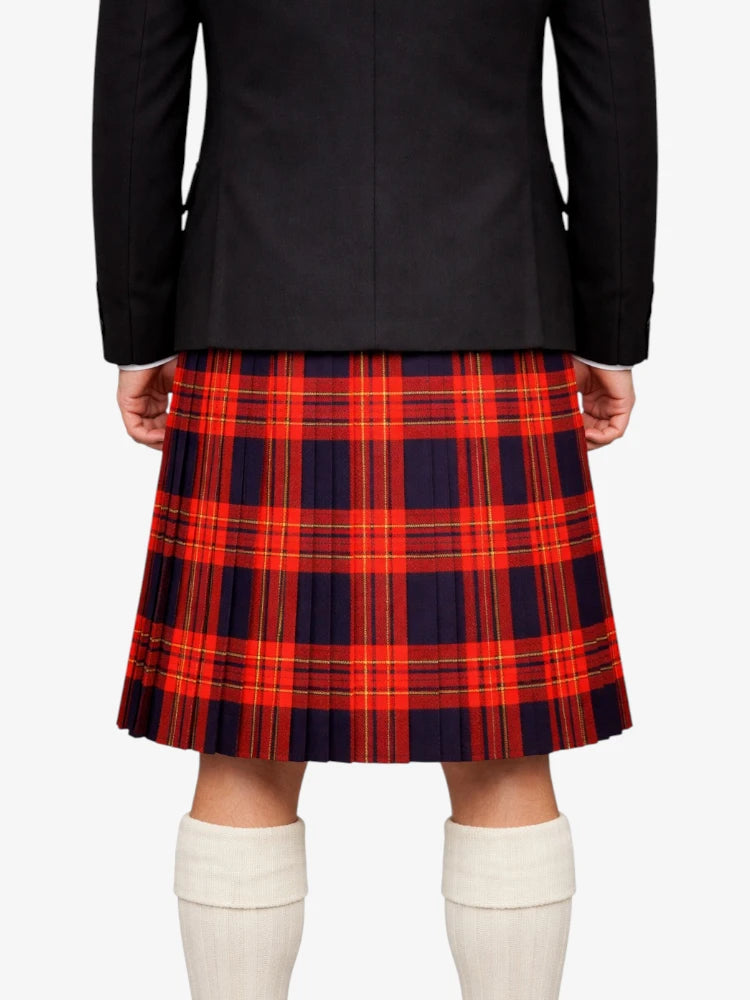 Person wearing a black jacket and red plaid kilt on a white background