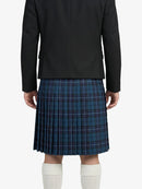 Person wearing a black jacket and blue plaid kilt on a white background