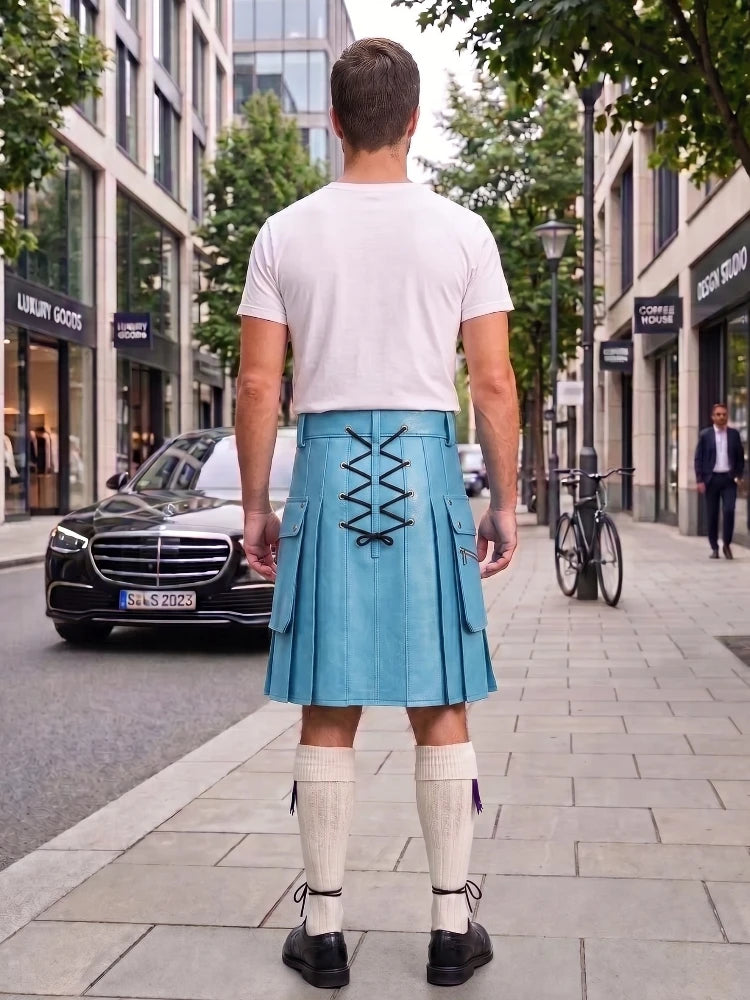 Sky Blue Cow Leather Utility Kilts for Men
