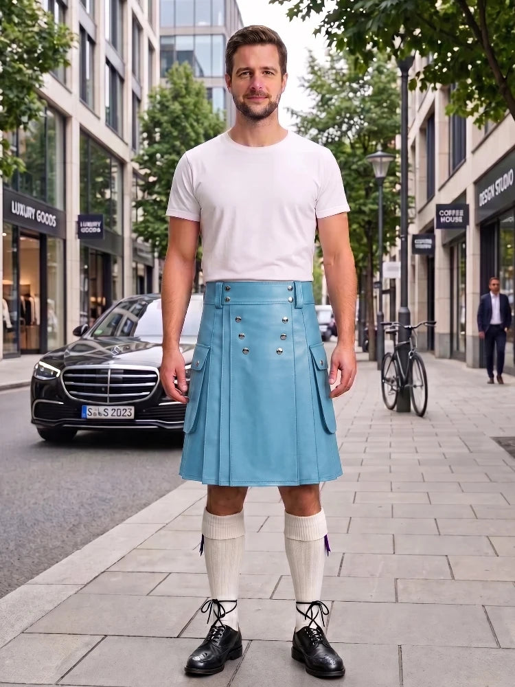 Sky Blue Cow Leather Utility Kilts for Men