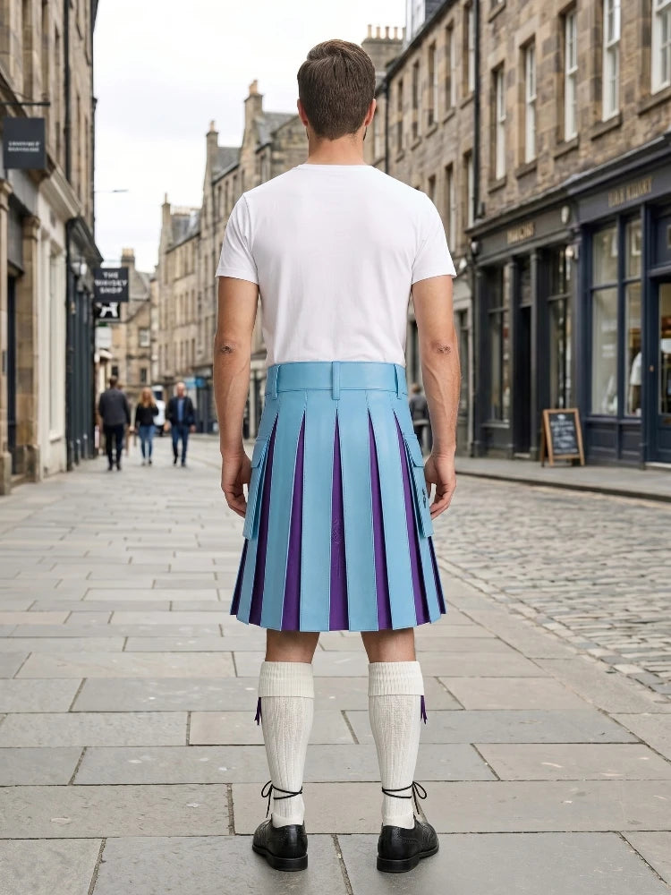 Sky Blue Leather Kilt With Purple Pleats