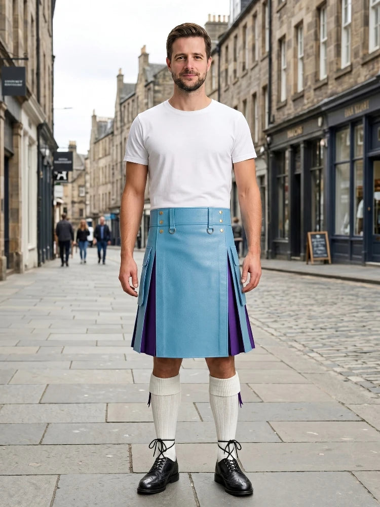 Sky Blue Leather Kilt With Purple Pleats