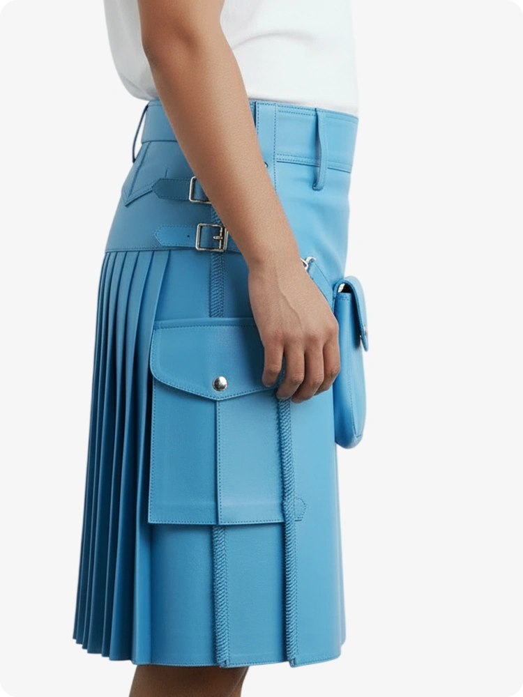 Sky Blue Leather Pleated Kilt with Belt Loops & Side Straps