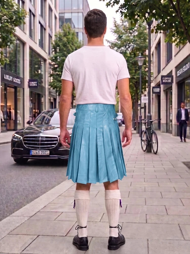 Sky Blue Leather Utility Kilt with Sporran