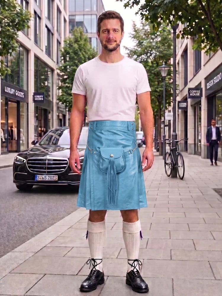 Sky Blue Leather Utility Kilt with Sporran