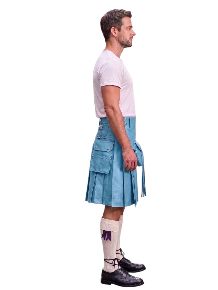 A man shown in profile wearing a light blue leather kilt, a white t-shirt, white knee-high socks, and black leather shoes, isolated on a white background.
