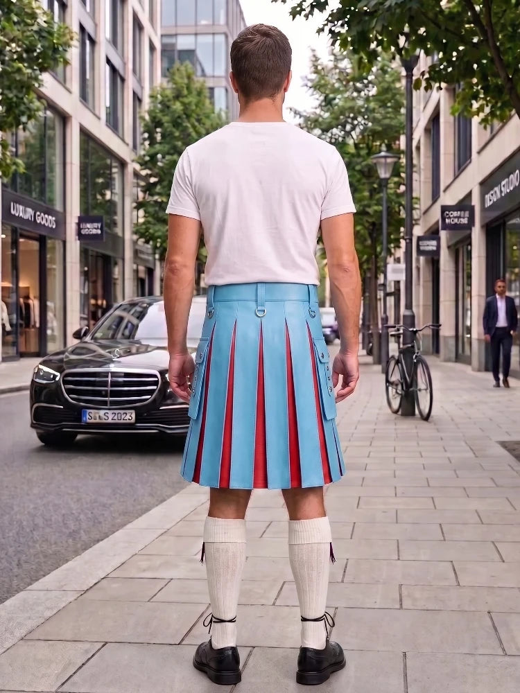 Sky Blue With Red Cowhide Leather Hybrid Utility Kilt