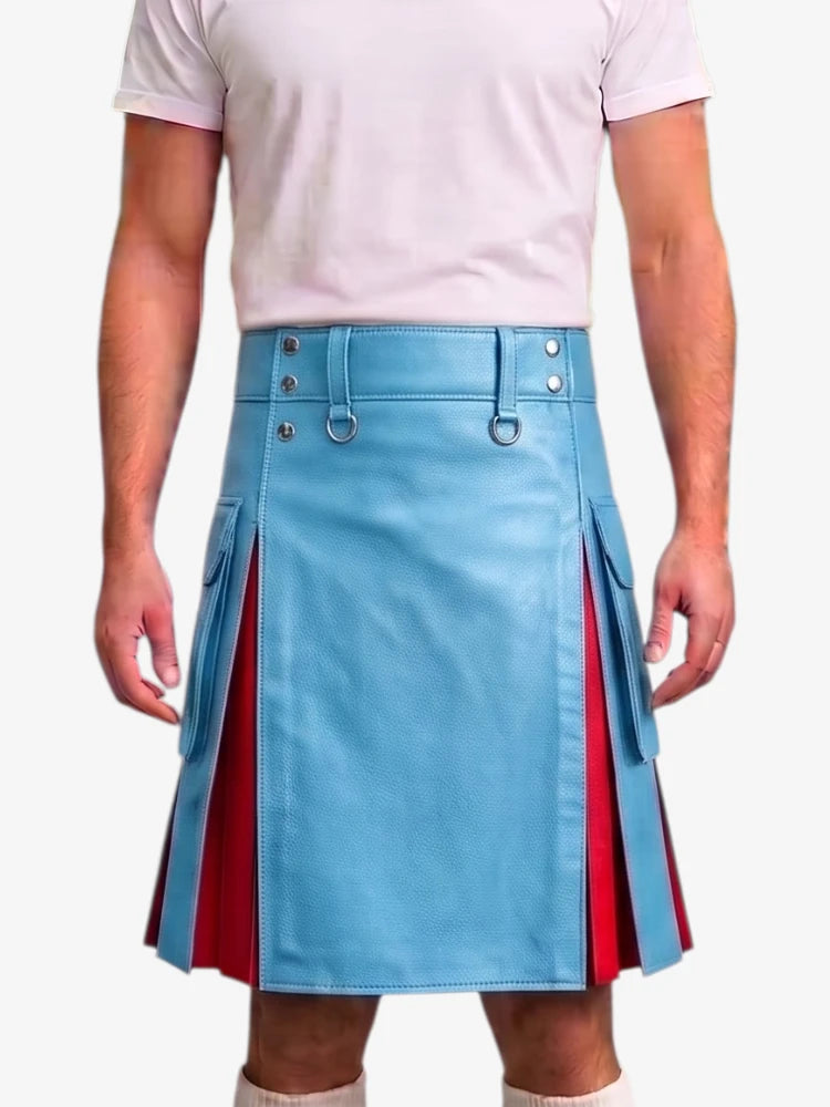 A model wearing a light blue faux leather kilt with red pleated side panels and silver metal hardware, paired with a light pink t-shirt.