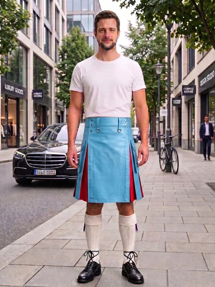Sky Blue With Red Cowhide Leather Hybrid Utility Kilt