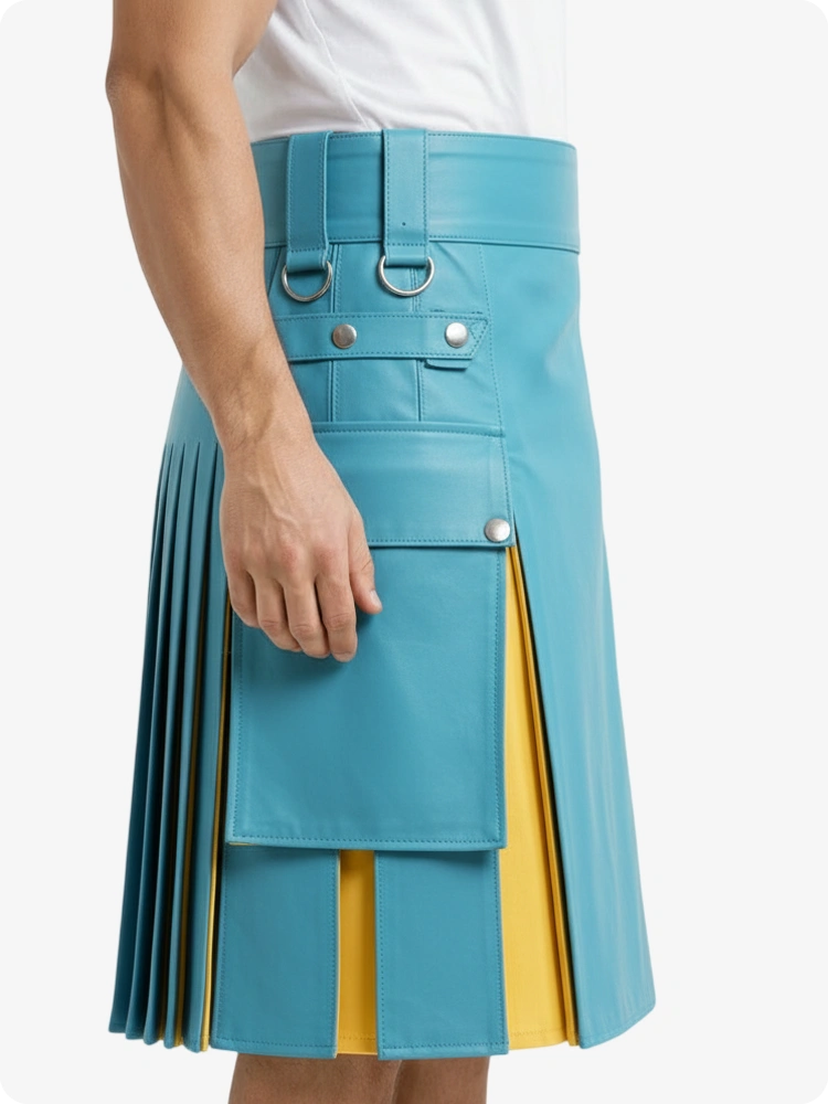 Sky Blue & Yellow Leather Utility Kilt with Cargo Pockets