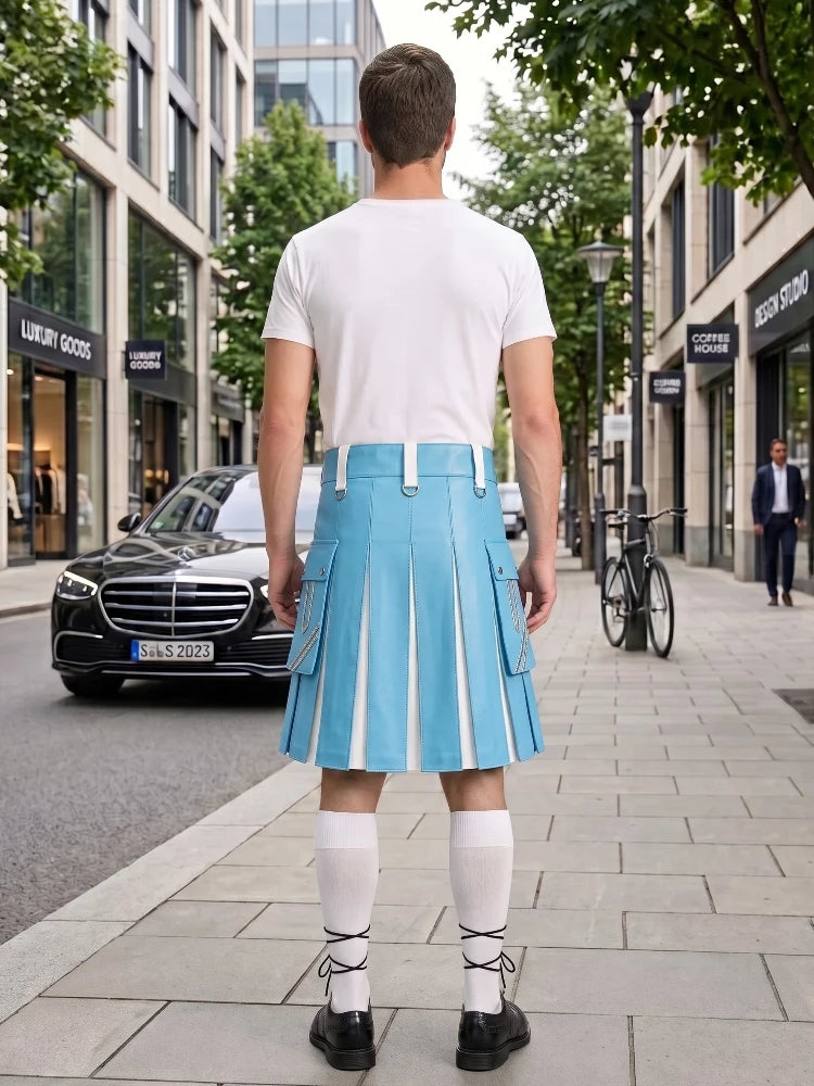 Sky Blue and White Leather Hybrid Utility Kilt