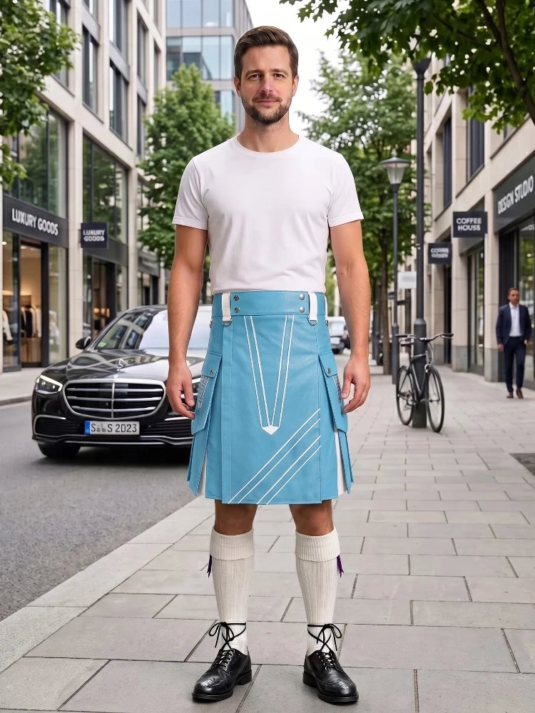 Sky Blue and White Leather Hybrid Utility Kilt