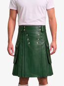 A dark green faux leather kilt with silver-tone metal snap buttons and side flap pockets, worn by a model in a white t-shirt against a light gray background.