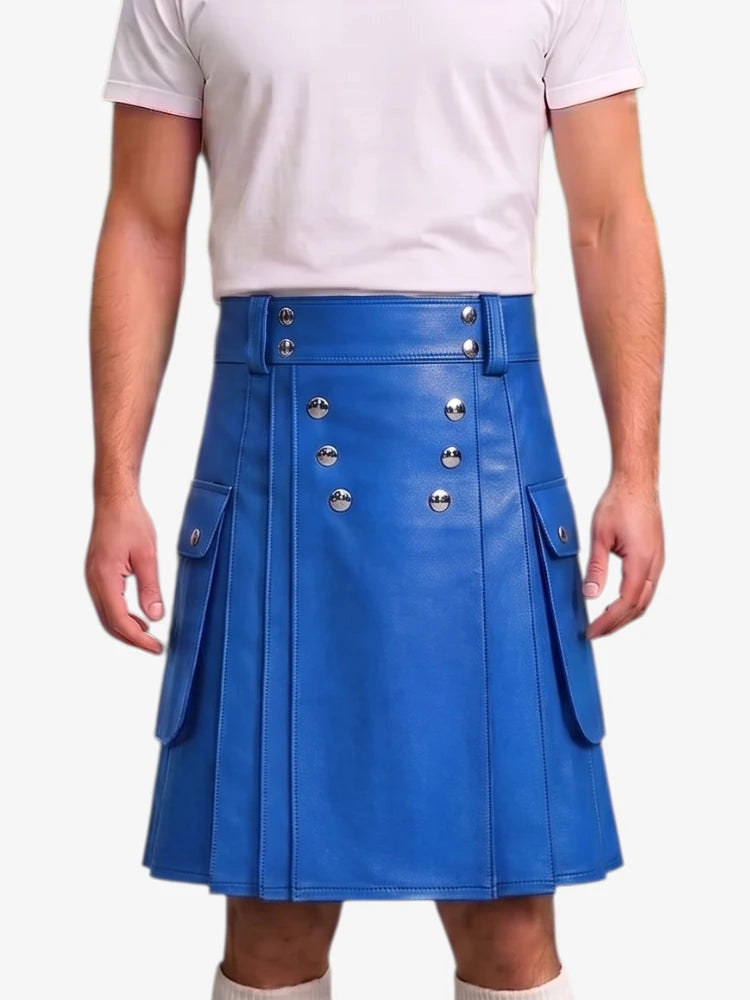 A person wearing a bright blue faux-leather kilt with silver-tone metal buttons and side flap pockets, paired with a white t-shirt against a plain light background.