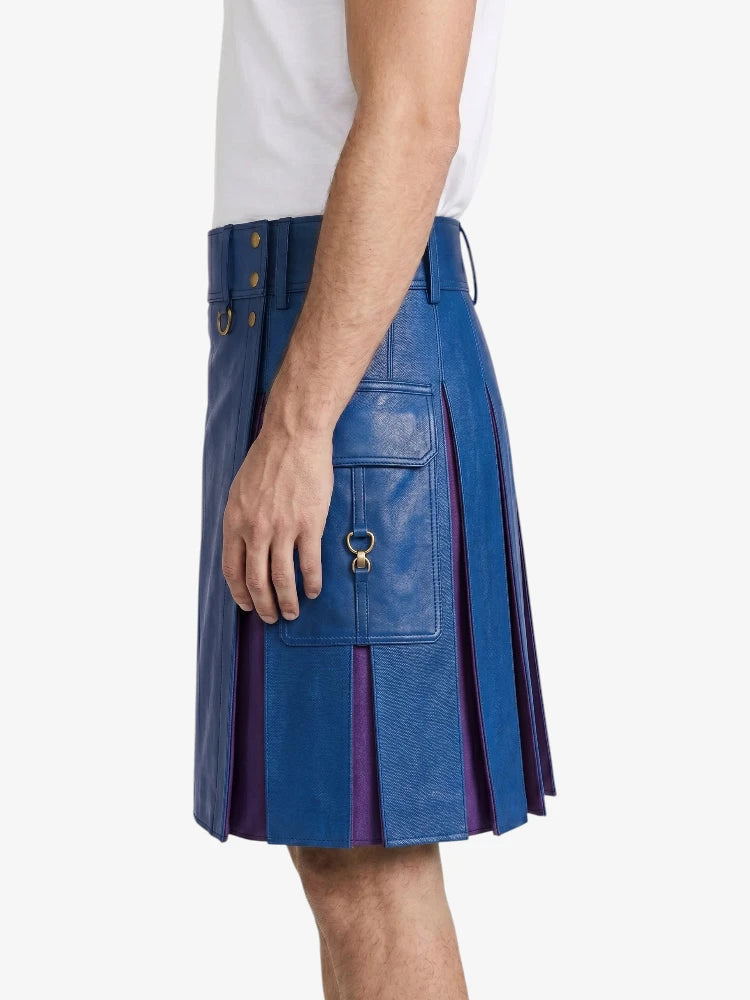 Standard Blue Leather Kilt With Purple Pleats Left