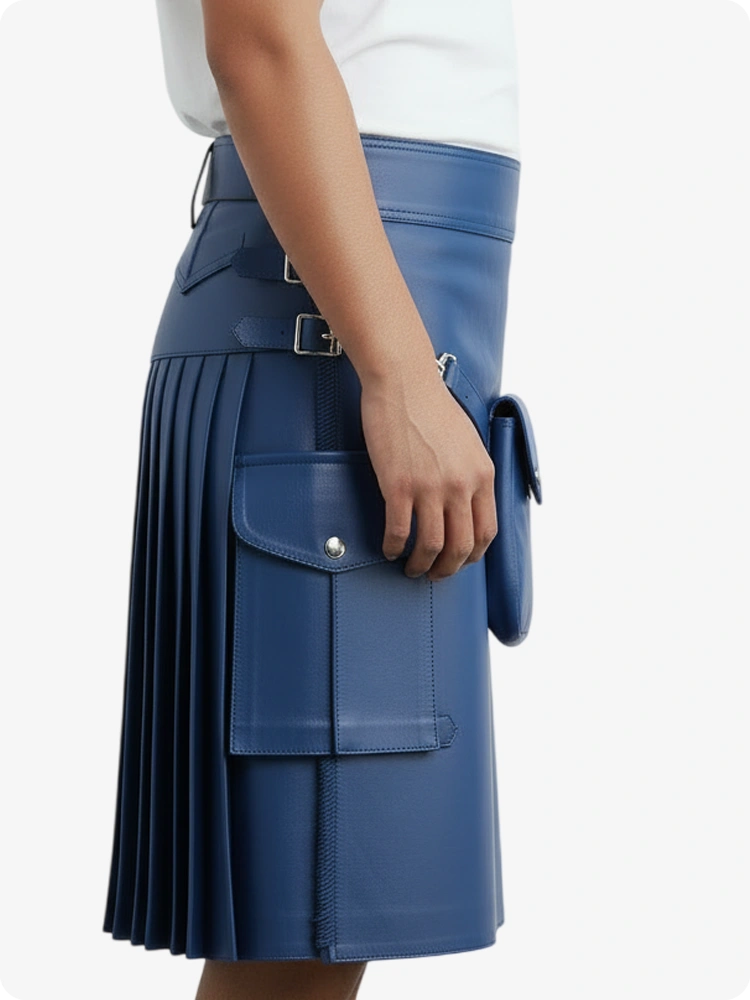 Standard Blue Leather Pleated Kilt with Belt Loops & Side Straps