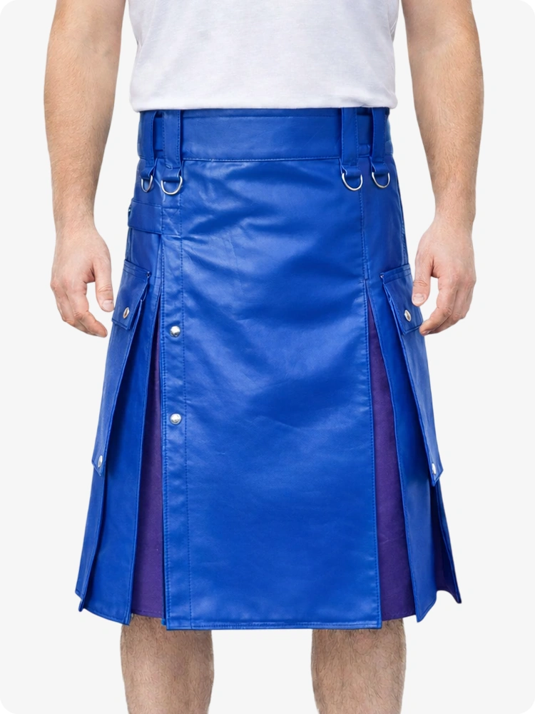 Standard Blue Leather Utility Kilt with Purple Pleats, Side Pockets & D-Ring Hardware