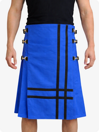 Standard Blue kilt with black stripes and gold buttons worn by a person on a white background
